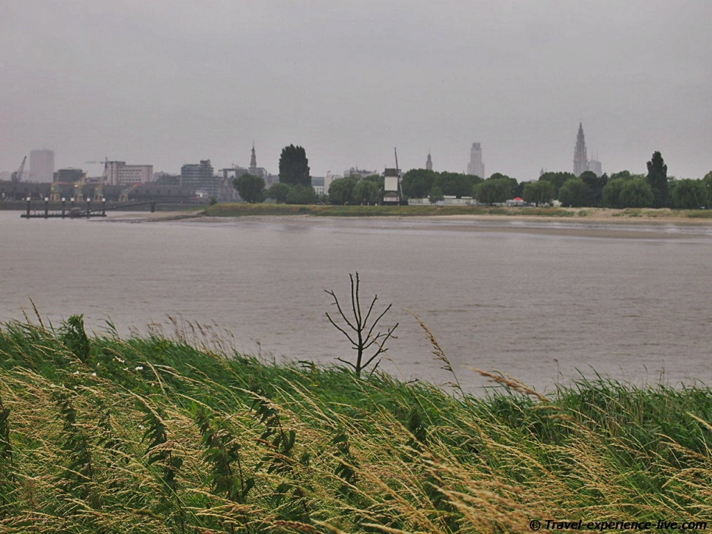 Scheldt river and Antwerp, Belgium.