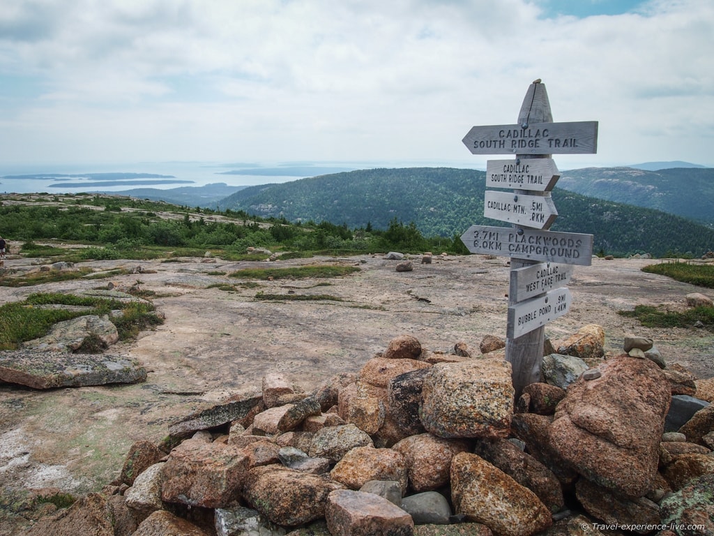 Hiking trail signs in Acadia National Park, Maine.