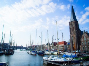 Harbor and church in Harlingen, the Netherlands