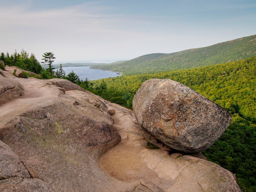 Bubble Rock on the Bubble Divide Trail, one of the best day hikes in Acadia National Park