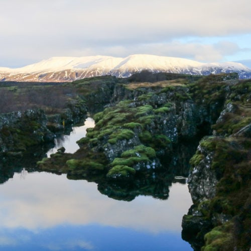 Water, snow and moss in Thingvellir National Park