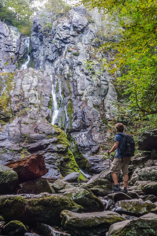 Hiker at South River Falls, Shenandoah National Park, Virginia