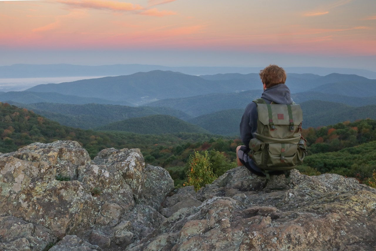 Hiker Watching Sunrise at Bearfence Mountain, Shenandoah National Park, Virginia