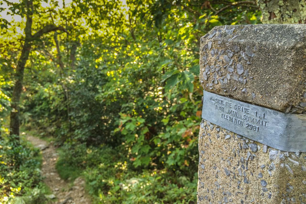 Turk Mountain Trail sign in Shenandoah National Park, Virginia