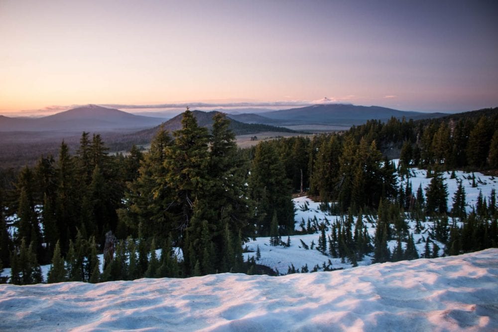 Snowy landscape at sunset in Crater Lake National Park, Oregon
