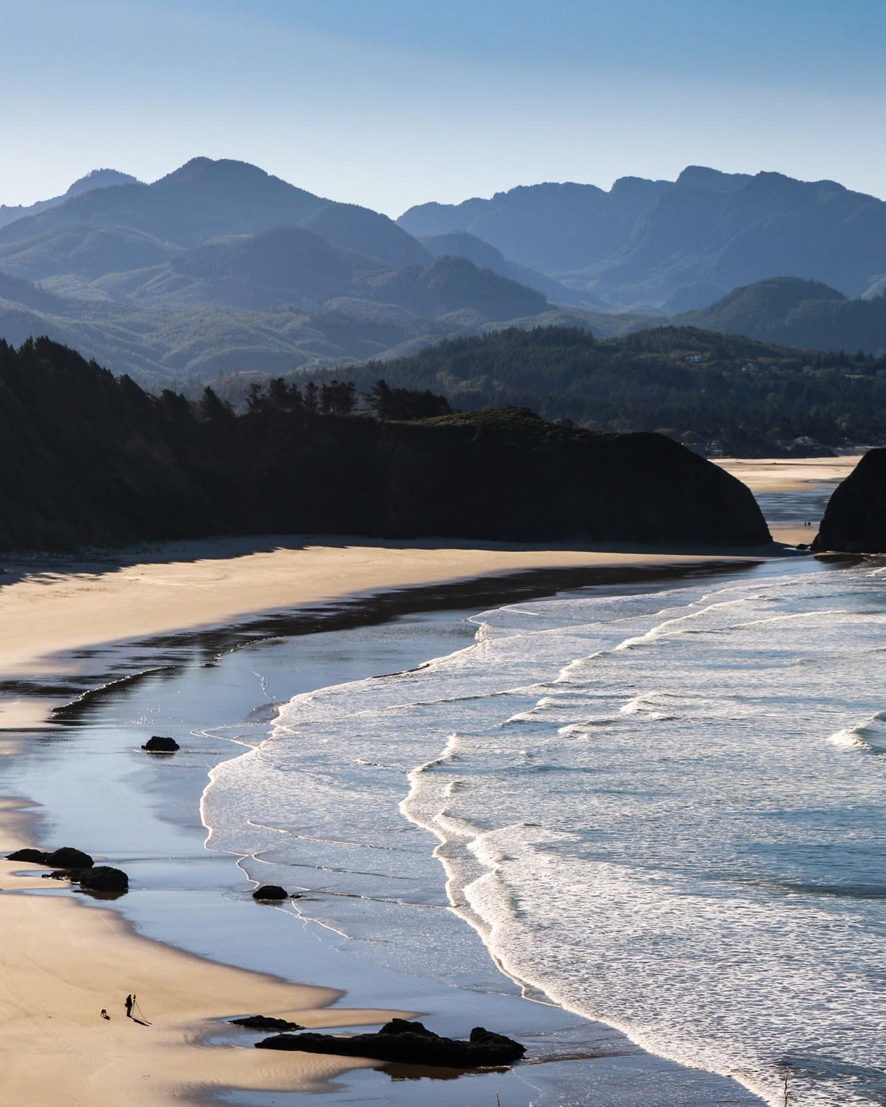Ecola State Park beach hiker with dog, Oregon Coast State Parks