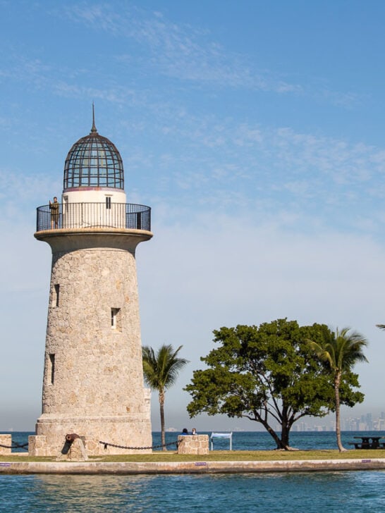 Boca Chita Key Lighthouse and Miami skyline in Biscayne National Park near Miami, Florida