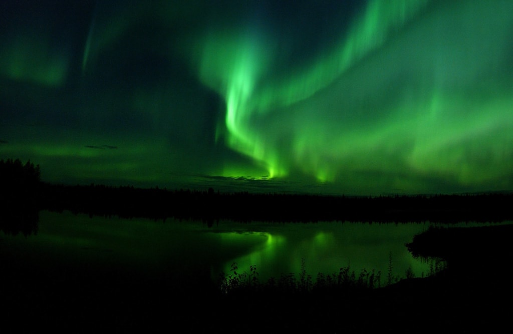 Aurora Borealis above lake and forest