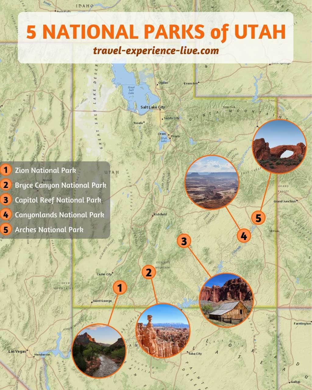 5 Utah National Parks: Zion, Bryce Canyon, Capitol Reef, Canyonlands and Arches