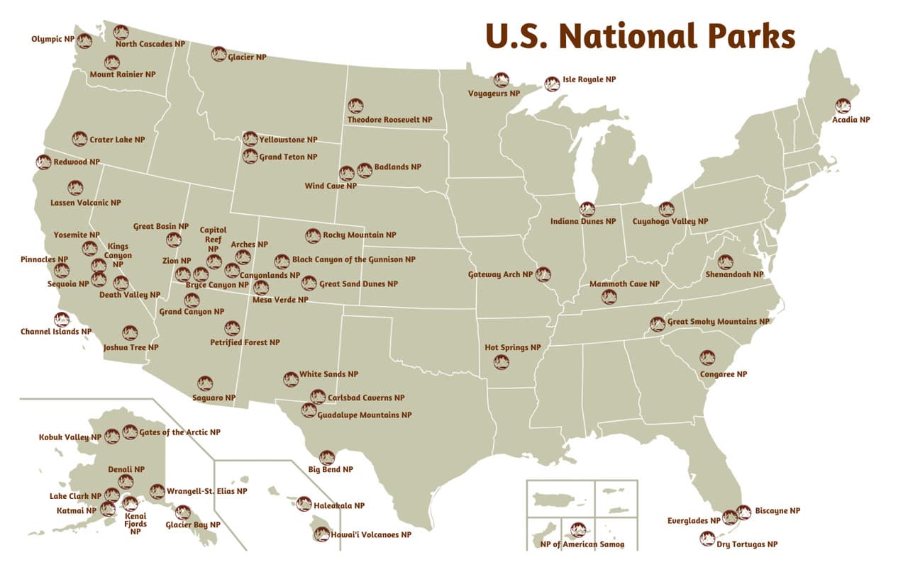 U.S. National Parks Map With Names