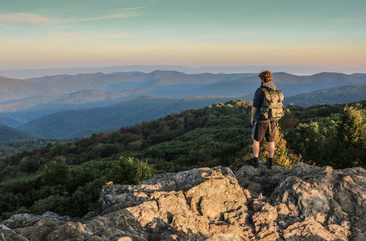 Hiker at Bearfence Mountain Summit, Shenandoah National Park, Virginia
