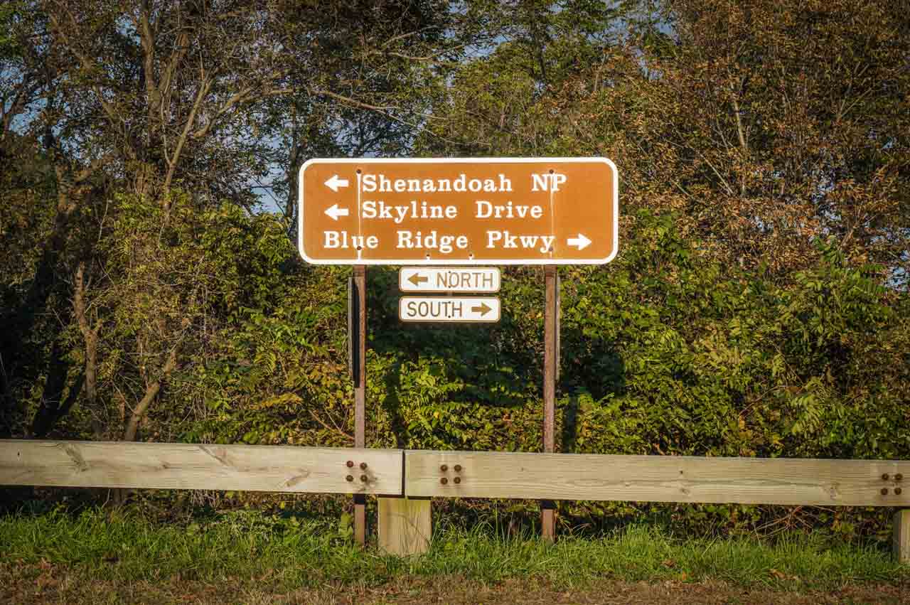Skyline Drive and Blue Ridge Parkway road sign, Virginia national parks