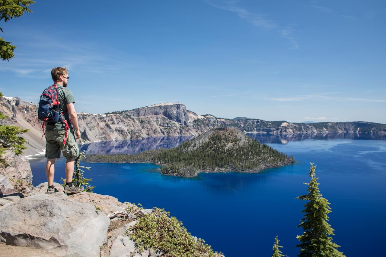 Cascade Volcanoes Road Trip in the Pacific Northwest: Discovery Point Trail hiker, Crater Lake National Park, Oregon
