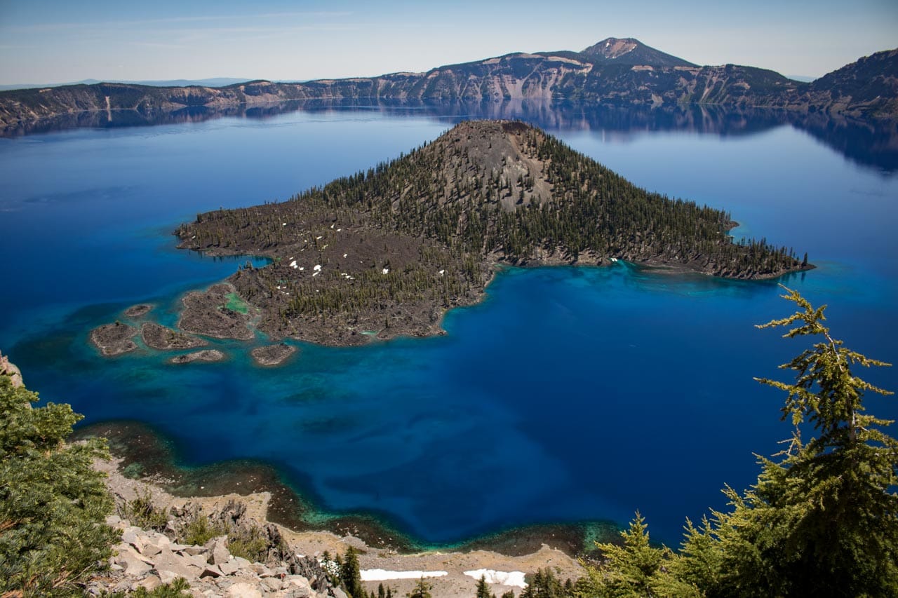 Discovery Point Trail view of Crater Lake and Wizard Island, Oregon