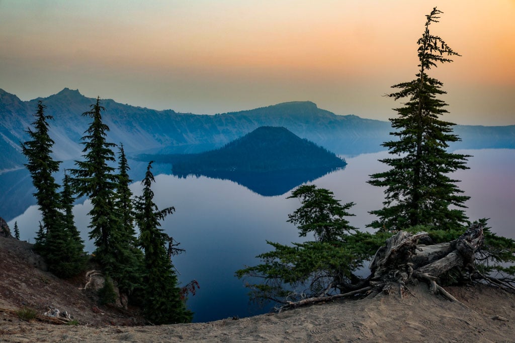 Discovery Point Trail view of Wizard Island, Crater Lake National Park, Oregon