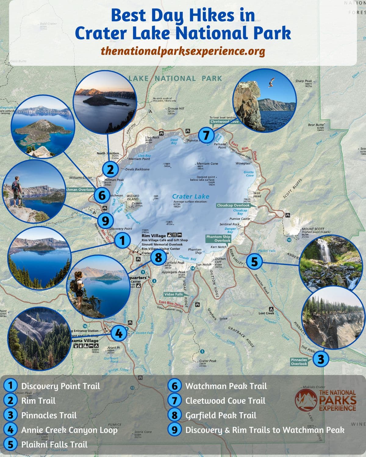 Map of the Best Day Hikes in Crater Lake National Park