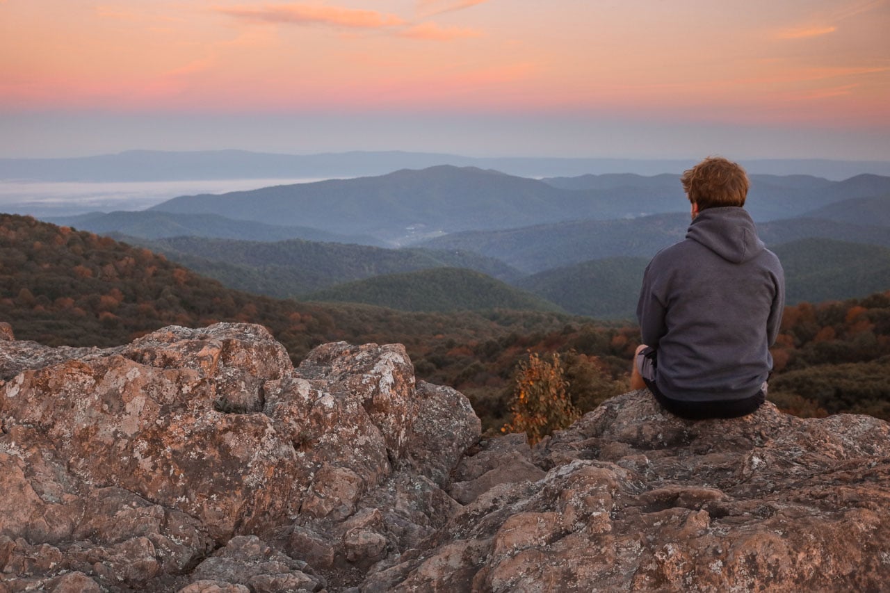 Hiker Watching Sunrise at Bearfence Mountain, Shenandoah National Park, Virginia