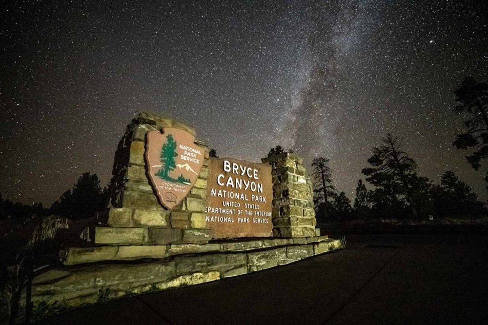 Milky Way over Bryce Canyon National Park entrance sign - Photo credit NPS Keith Moore - Top National Parks for Stargazing