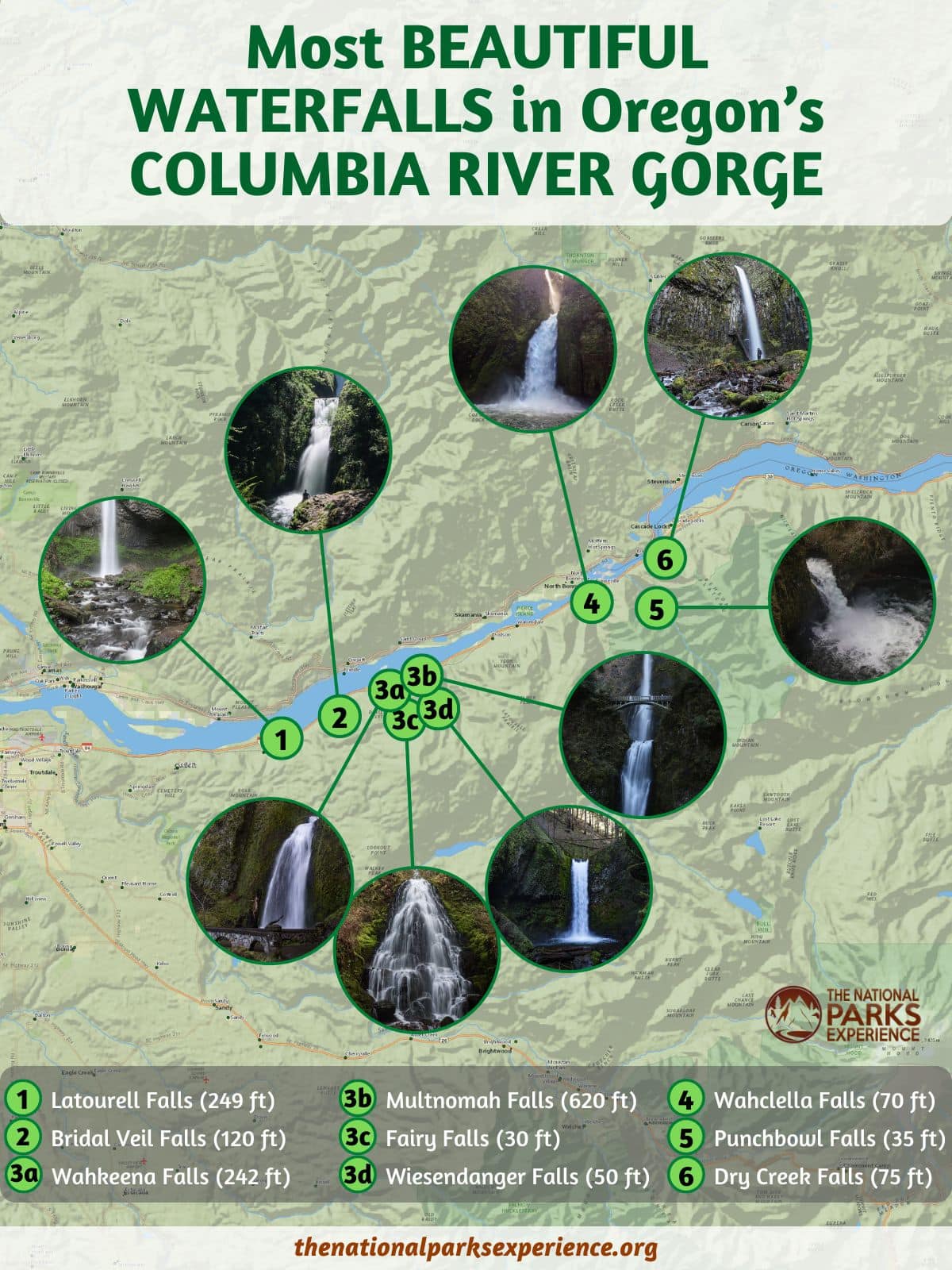 Map of the Best Columbia River Gorge Waterfall Hikes, Oregon