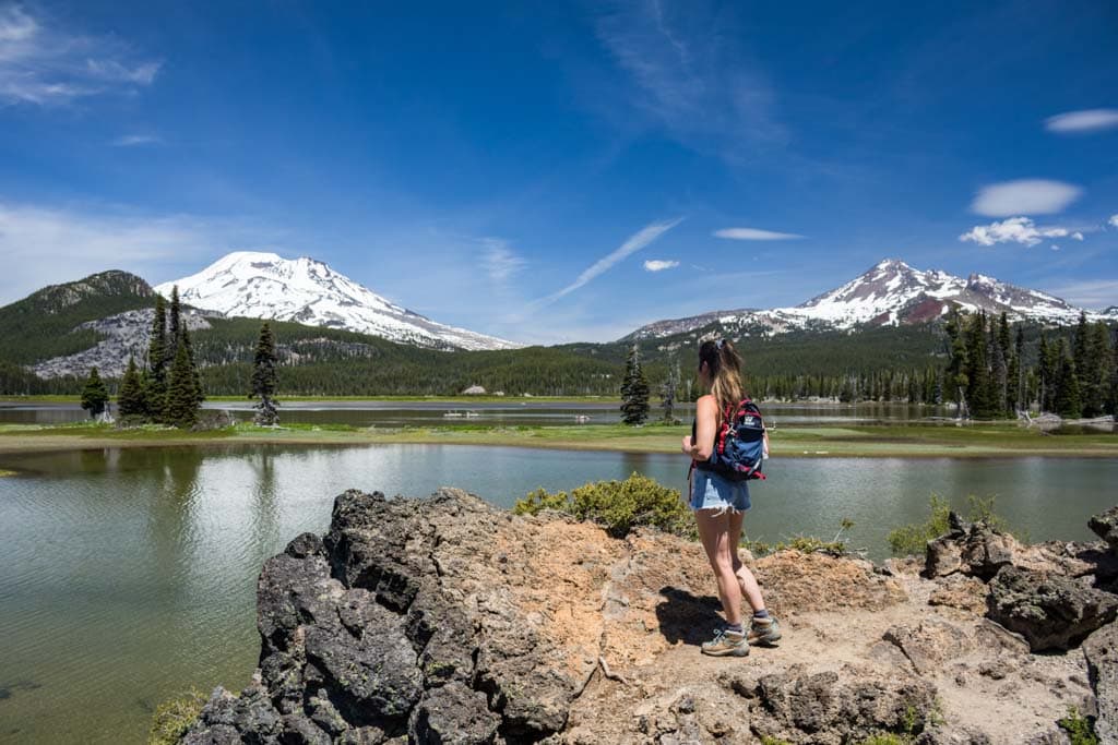 Sparks Lake hiker, Cascade Lakes Scenic Byway, Deschutes National Forest, Oregon