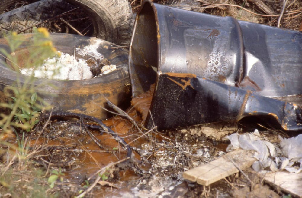 Krejci Dump barrel leaking sludge in 1985 in Cuyahoga Valley National Park