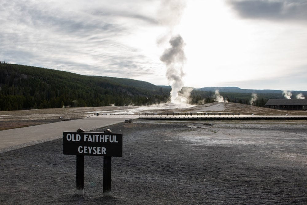 Old Faithful Geyser sign, Upper Geyser Basin in Yellowstone National Park