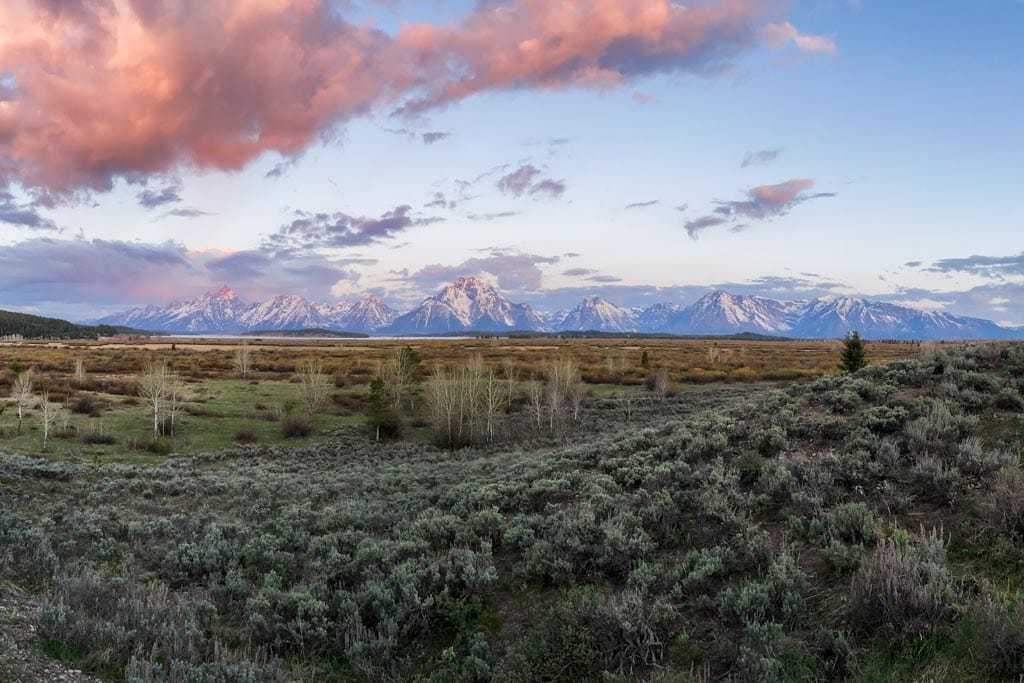 Amazing view of the Teton Range from the Willow Flats Overlook at sunrise in Grand Teton National Park