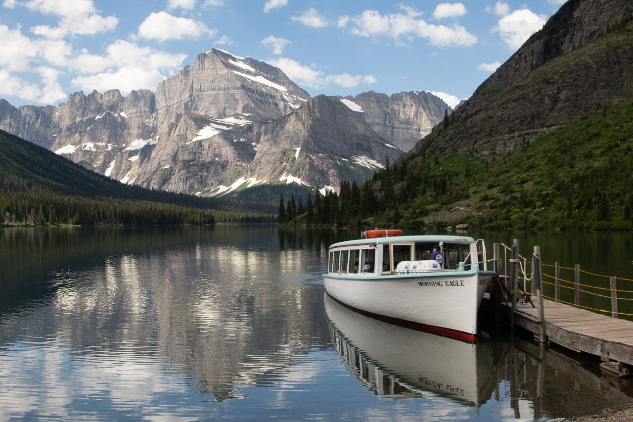 Historic boat ferry Morning Eagle on Lake Josephine, top photo spots in Glacier National Park