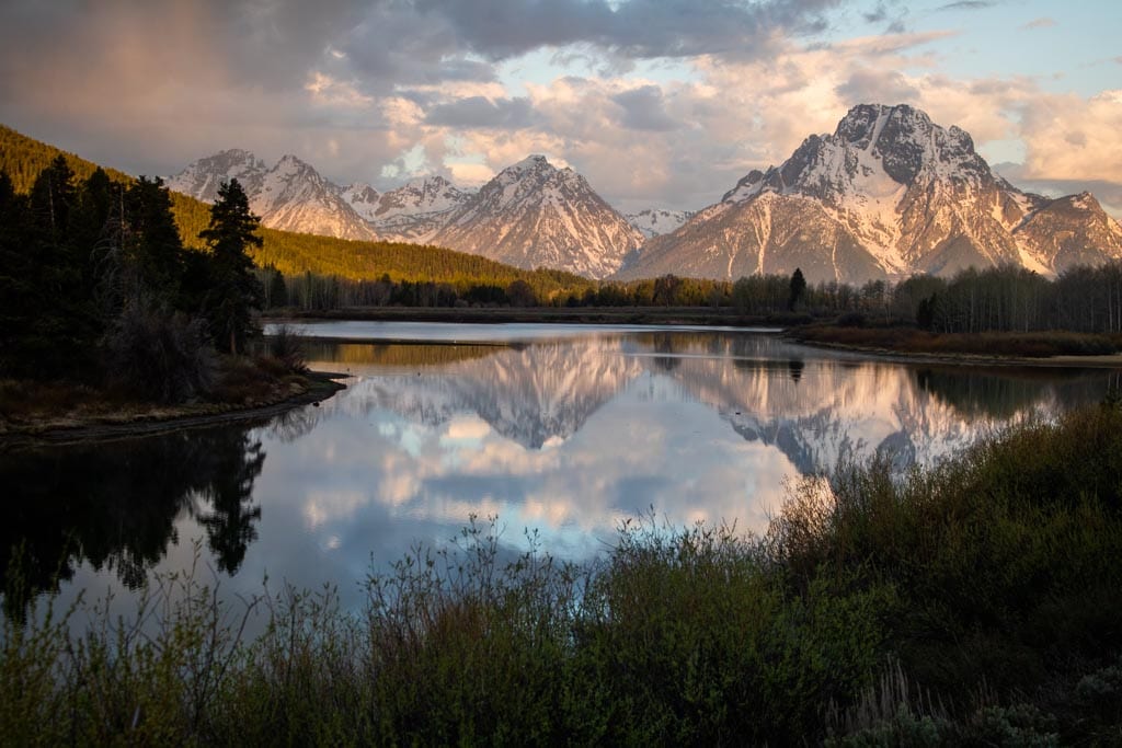 Sunrise view of Mount Moran and the Tetons from Oxbow Bend in Grand Teton National Park