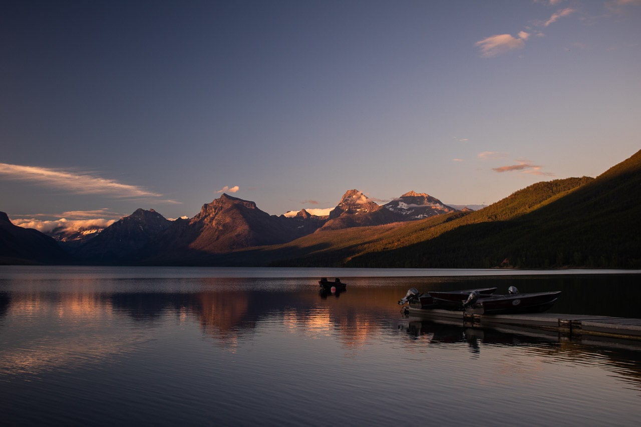 Sunset at boat ramp at Lake McDonald, Glacier National Park, Montana