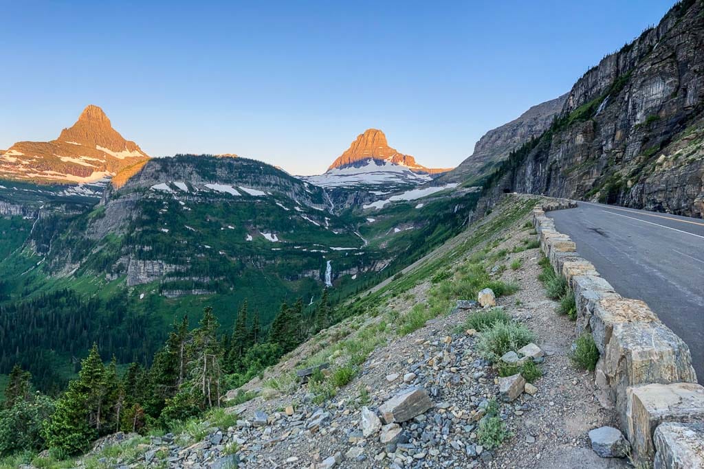 Going-to-the-Sun Road panorama at sunrise near Logan Pass, Glacier National Park