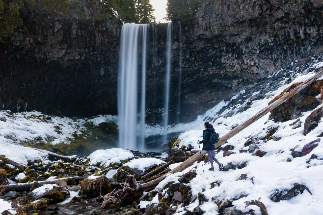 Hiker at Tamanawas Falls in winter, Mount Hood National Forest, Oregon