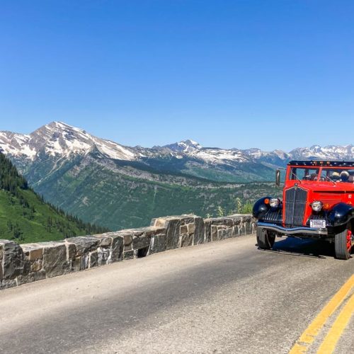 Red Bus on the Going-to-the-Sun Road in Glacier National Park