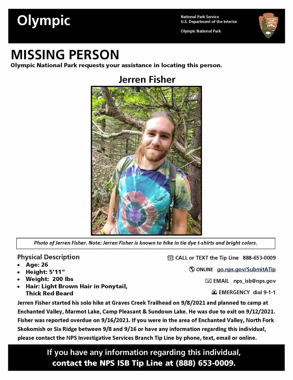 Missing Solo Backpacker Rescued in Olympic National Park poster - Image credit NPS
