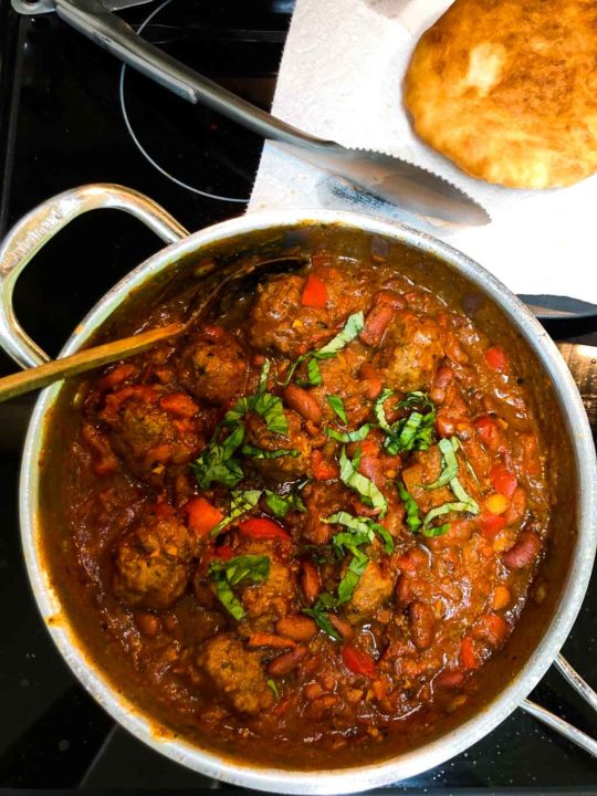 Bison meatballs with smoky pepper tomato beans sauce and fry bread