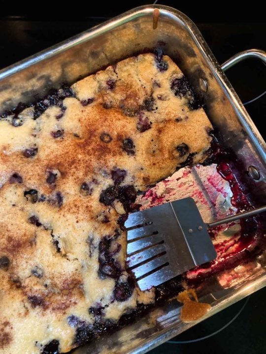 Denali National Park inspired blueberry cobbler in baking dish with spatula