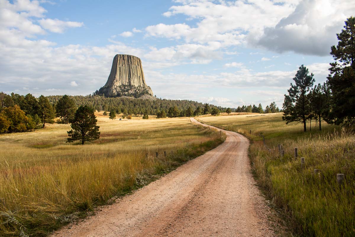 Devils Tower seen from West Road in Devils Tower National Monument, Wyoming
