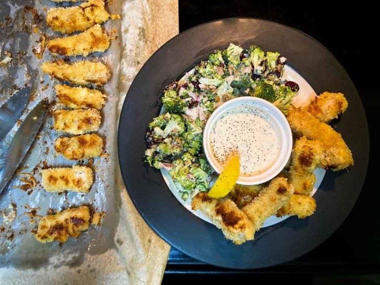 Kenai Fjords Alaska fish sticks with broccoli cranberry salad and tartar sauce