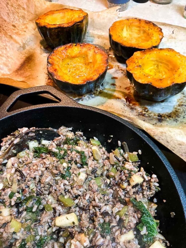 Roasted acorn squash with wild rice and bison stuffing