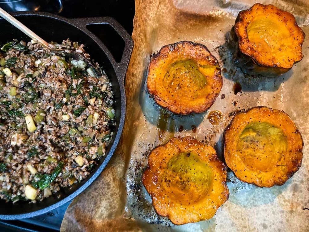 Roasted acorn squash with wild rice and bison stuffing recipe