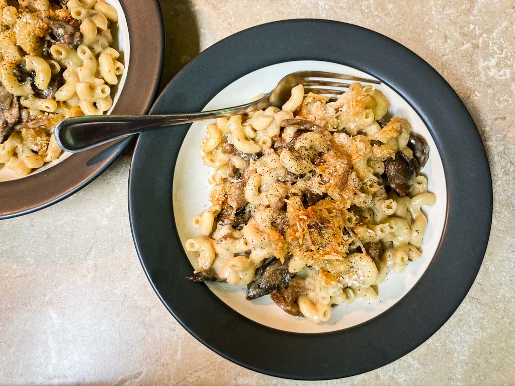 Shenandoah mushroom mac and cheese with caramelized onions on plate