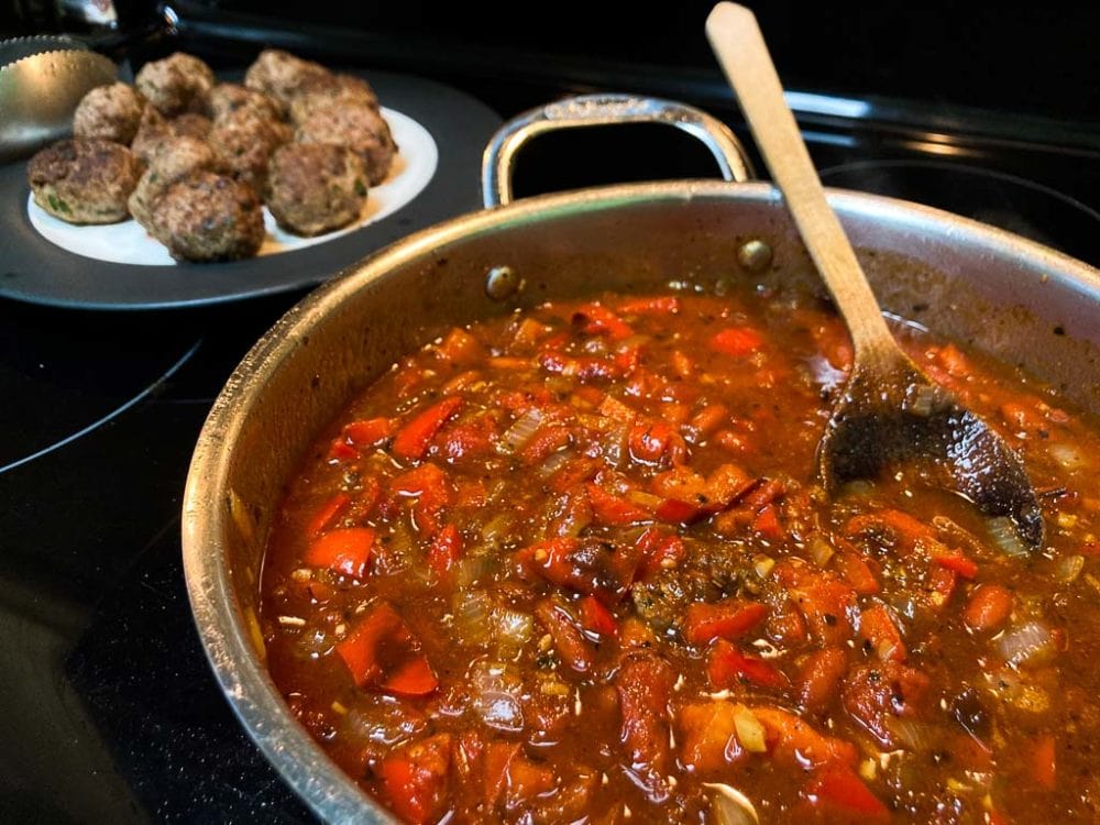 Smoky pepper sauce with bison meatballs