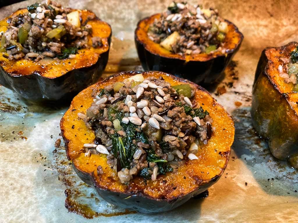 Wild rice and bison stuffed acorn squash inspired by Theodore Roosevelt National Park