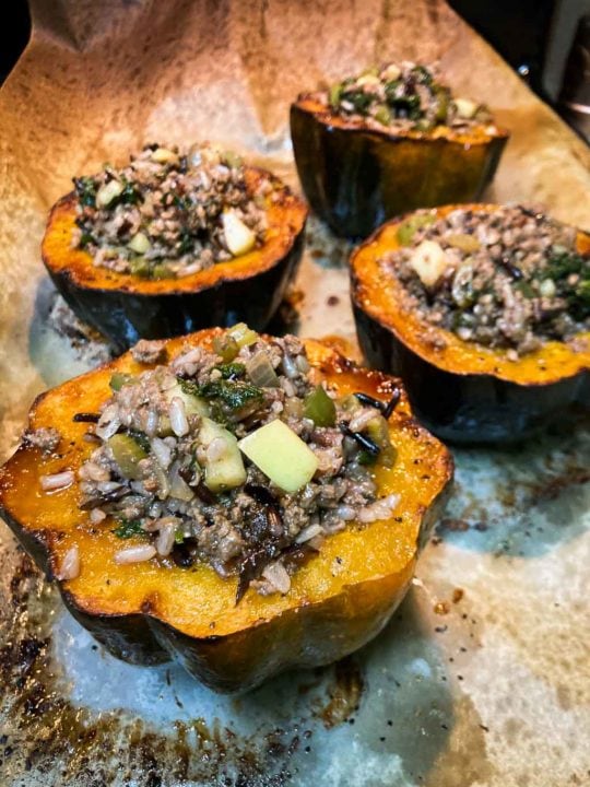 Wild rice and bison stuffed acorn squash recipe