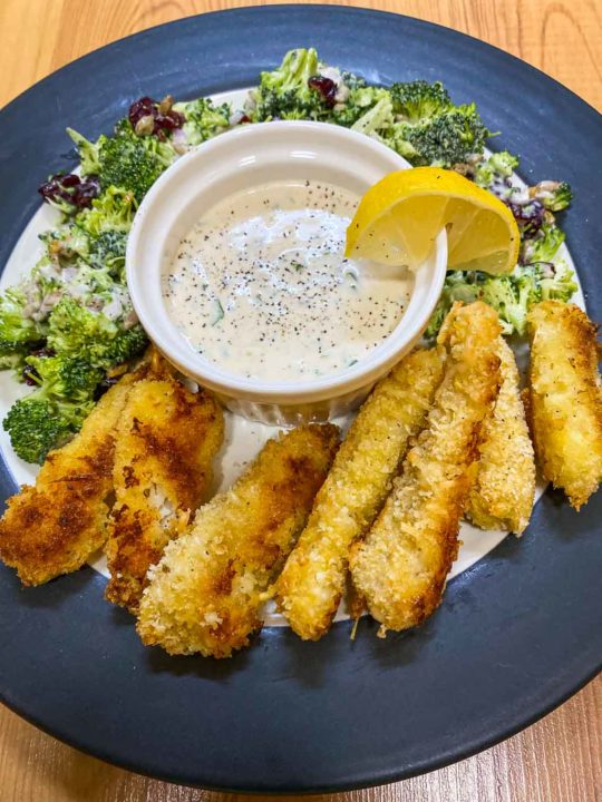 Fish sticks recipe with broccoli cranberry salad