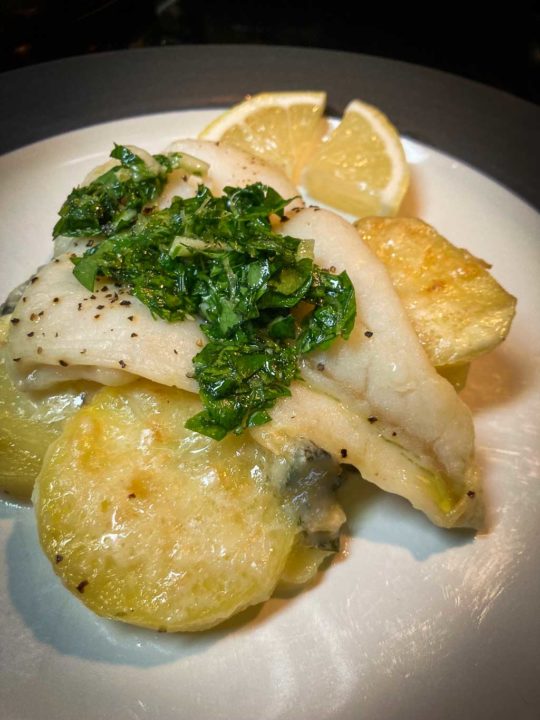 Halibut and scalloped potatoes with parsley gremolata and lemon recipe