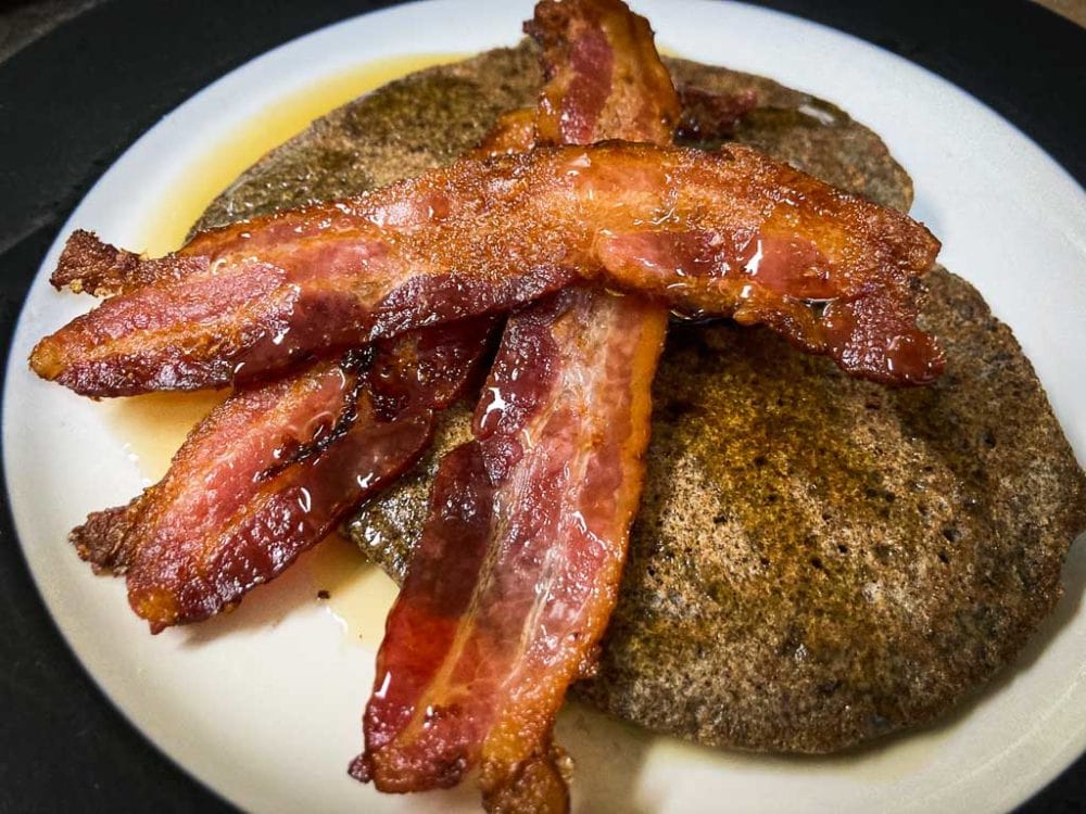 Buckwheat pancakes recipe with bacon and maple syrup