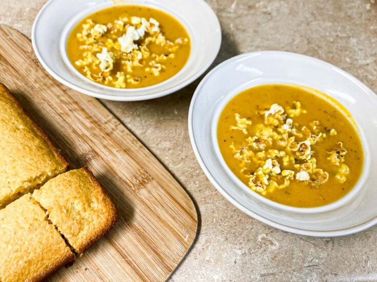 Butternut squash soup recipe with popcorn and cornbread
