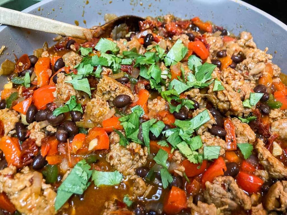 Chorizo, black beans roasted bell pepper skillet recipe