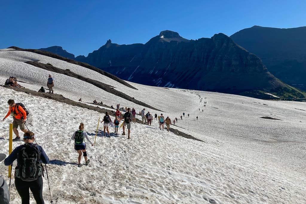 Hidden Lake Trail hikers on snow, Glacier National Park